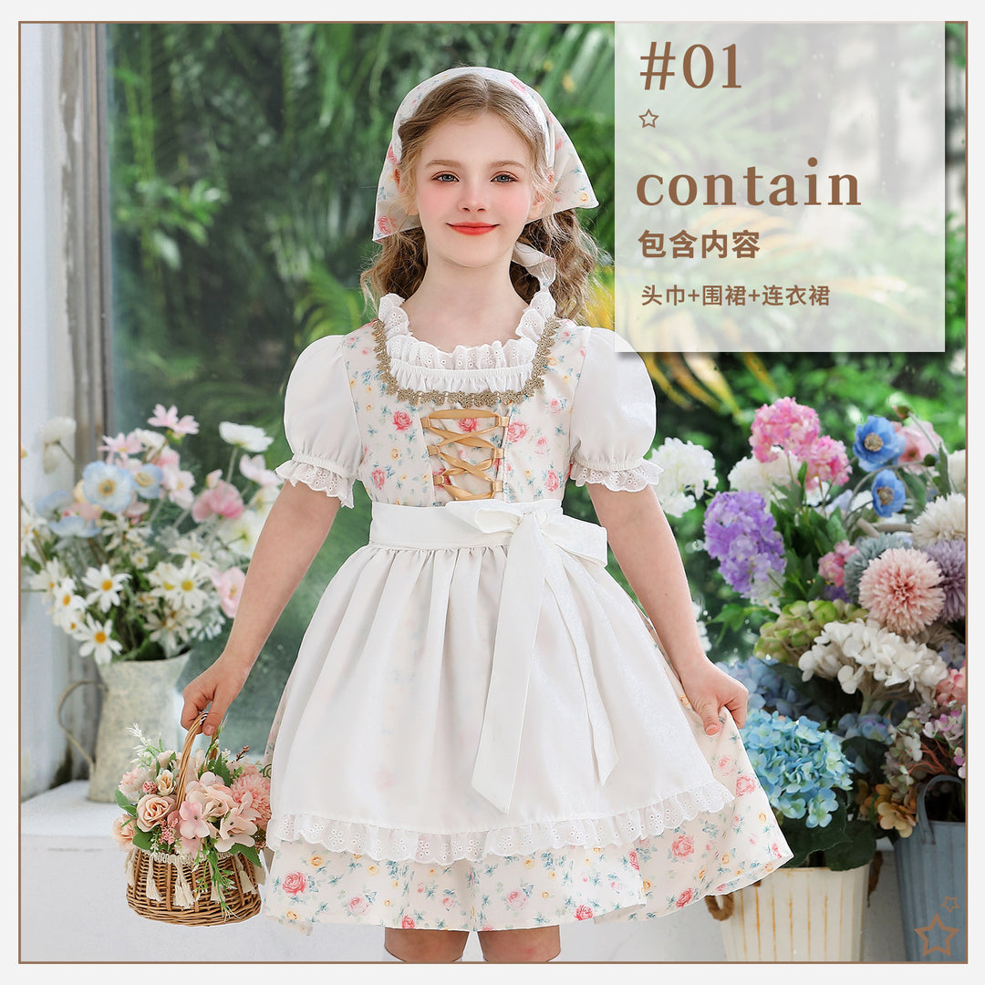 Damen nan traditionelles Dirndlkleid für Mädchen mit bestickter Schürze, Rüschenkragen und passendem Kopftuch EB