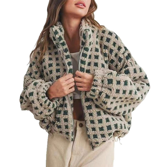 Damen kuschelige Fleecejacke im modernen Karodesign EB