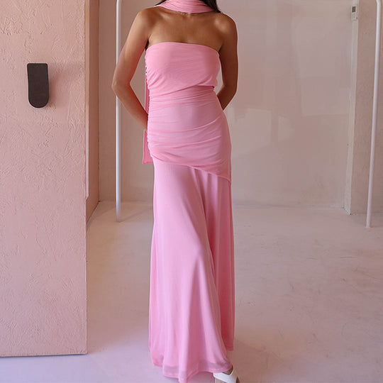 Damen Raffiniertes schulterfreies Maxikleid mit Rüschendetails EB