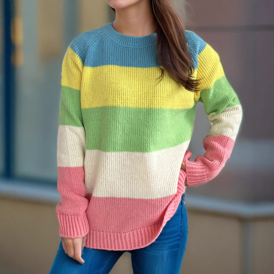 Damen lässiger Strickpullover mit bunten Blockstreifen und weitem Schnitt EB