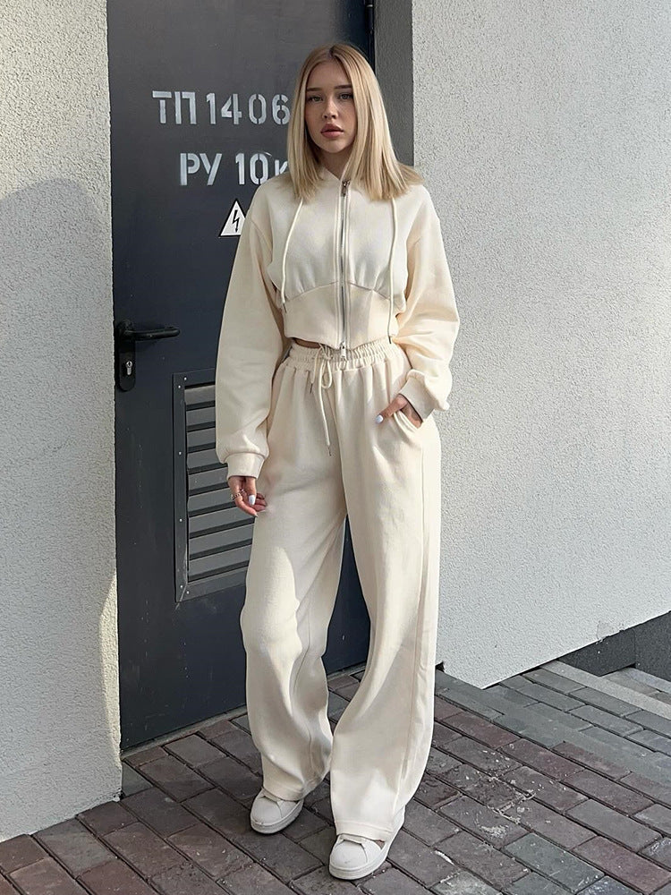 Damen kurzes Reißverschluss-Cropped-Hoodie mit hoher Bund Palazzo-Jogginghose Set EB