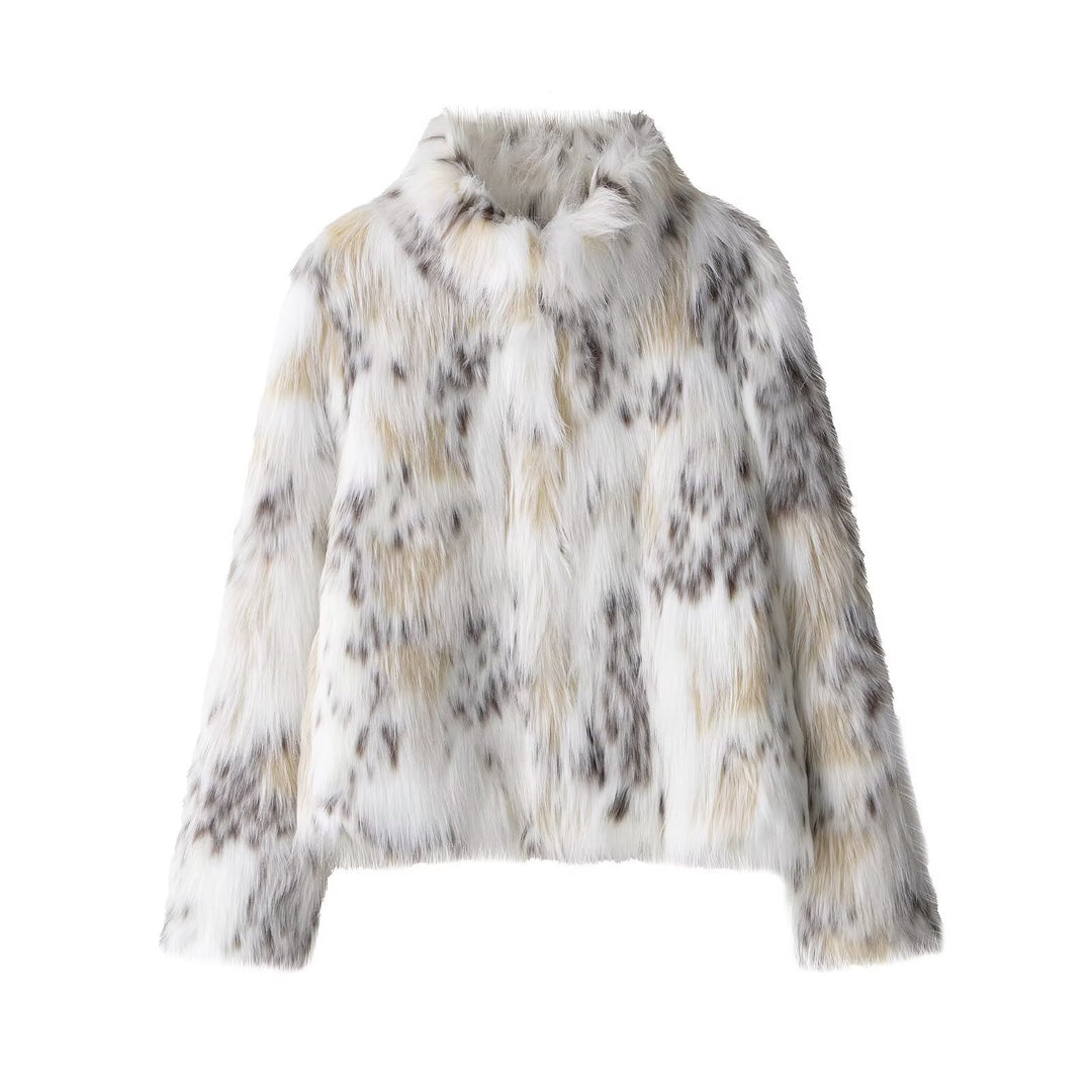 Damen nan kurzes Kunstfell-Cropped-Jacke mit Stehkragen, soften Fasern und melierter Struktur EB