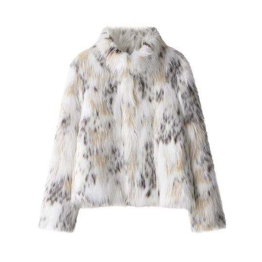 Damen nan kurzes Kunstfell-Cropped-Jacke mit Stehkragen, soften Fasern und melierter Struktur EB