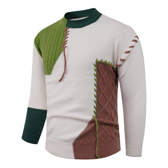 Herren nan Patchwork-Strickpullover mit Zopfstrick-Einsätzen und dekorativen Nahtapplikationen EB