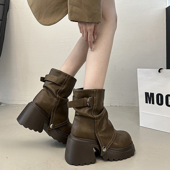 Damen modische Chunky-Boots mit dekorativem Riemen und stabiler Sohle EB