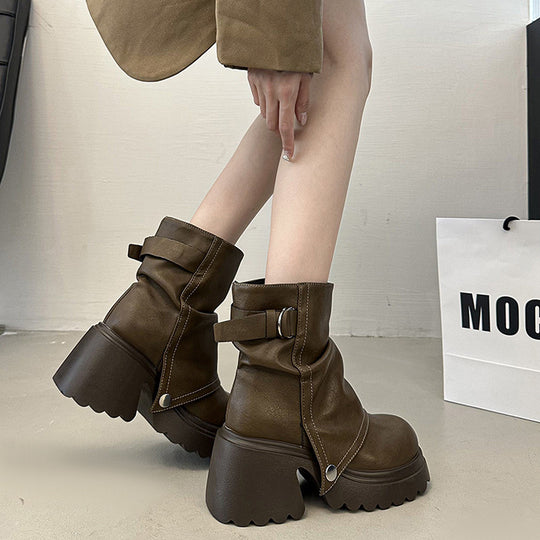 Damen modische Chunky-Boots mit dekorativem Riemen und stabiler Sohle EB