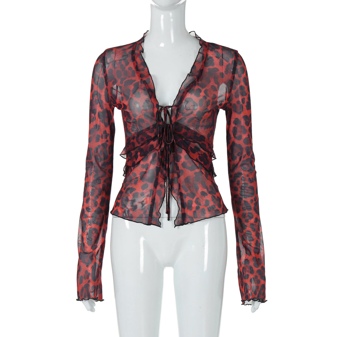 Damen leicht transparentes Oberteil mit Leopardenmuster EB