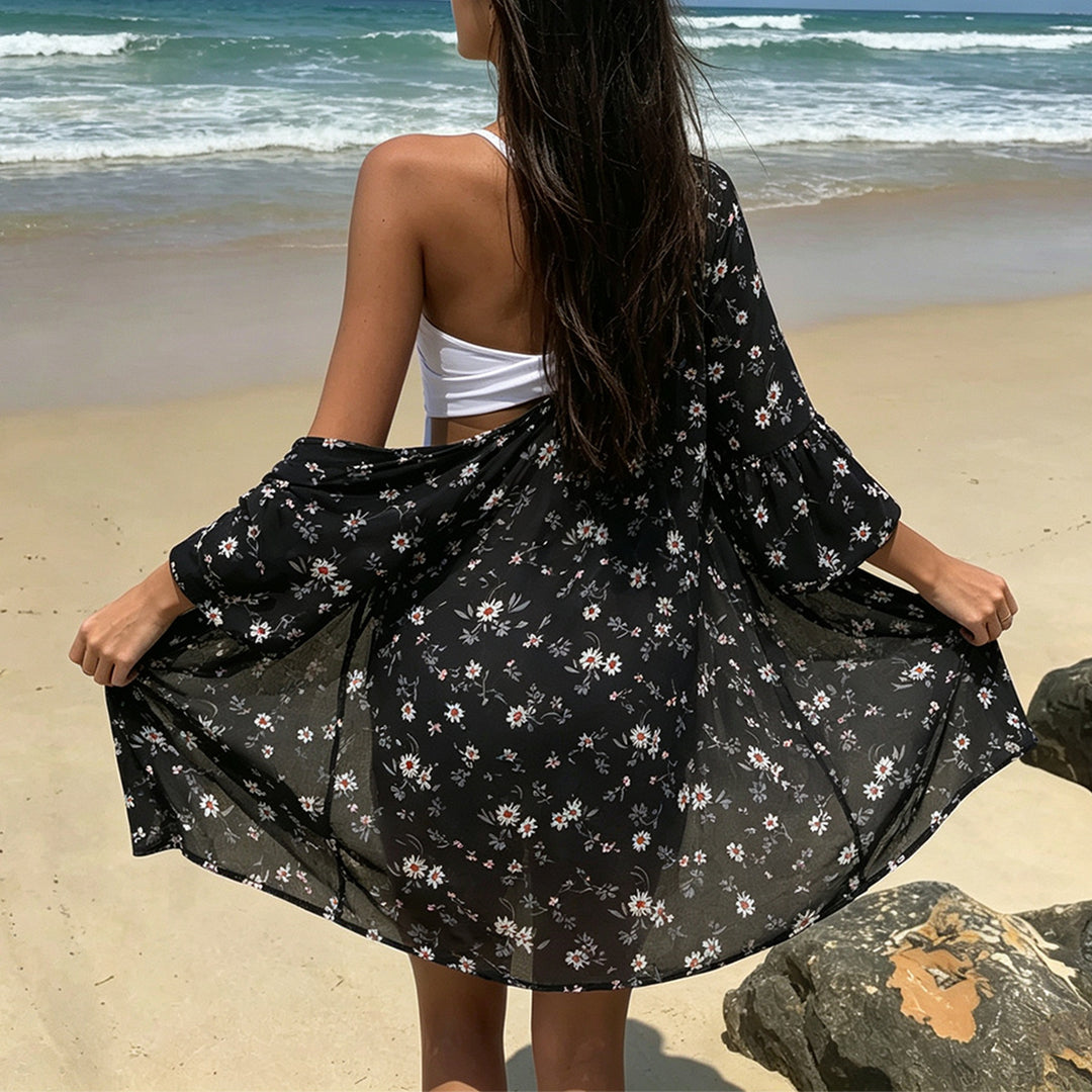 Damen luftige Strandtunika mit floralem Design und halbtransparentem Stoff EB