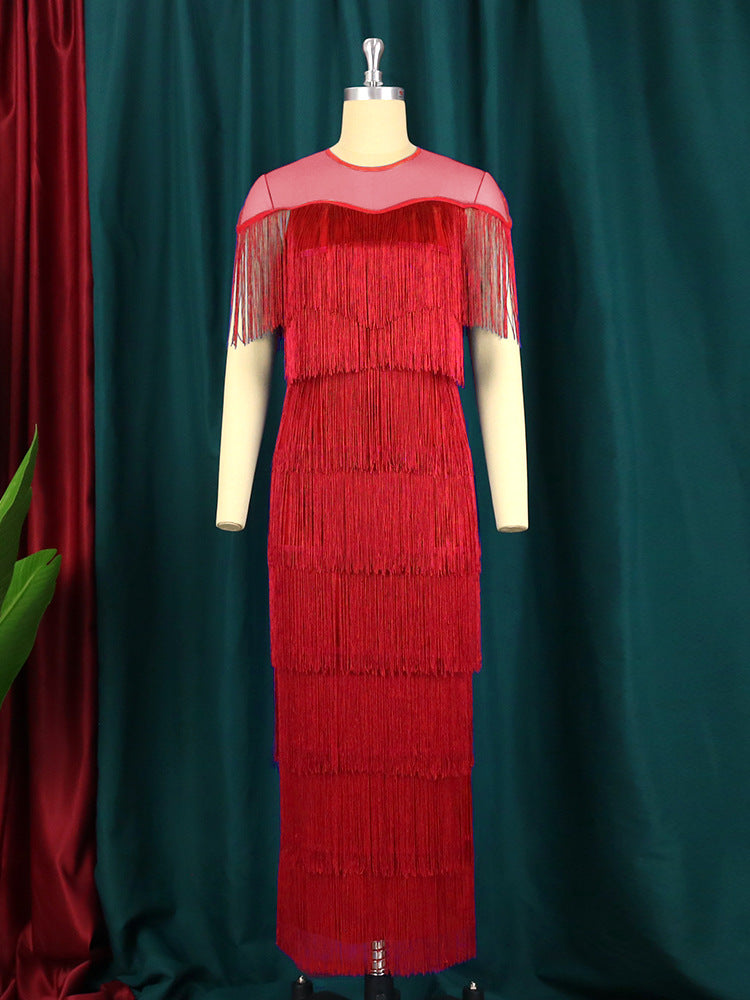 Damen Maxikleid mit Fransen EB