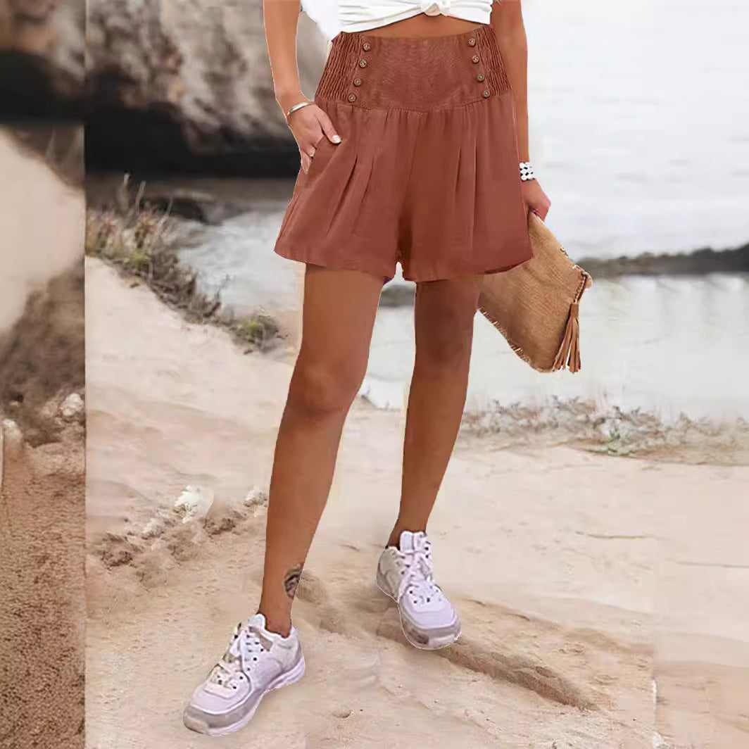 Damen elegante Shorts mit hohem Bund und Knopfdetail EB