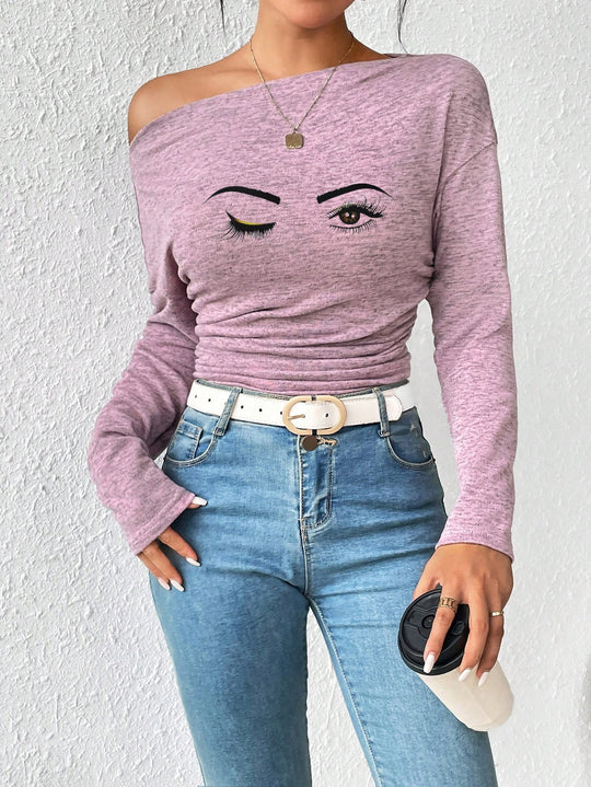 Damen Off-Shoulder Langarmshirt mit Raffung EB