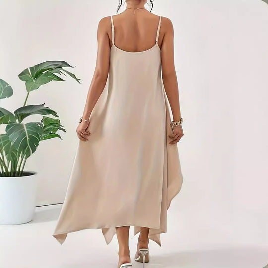 Damen luftiges Maxikleid mit asymmetrischem Saum und feinen Spaghettiträgern EB
