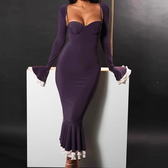 Damen Elegantes Langarm-Midikleid mit Rüschensaum EB