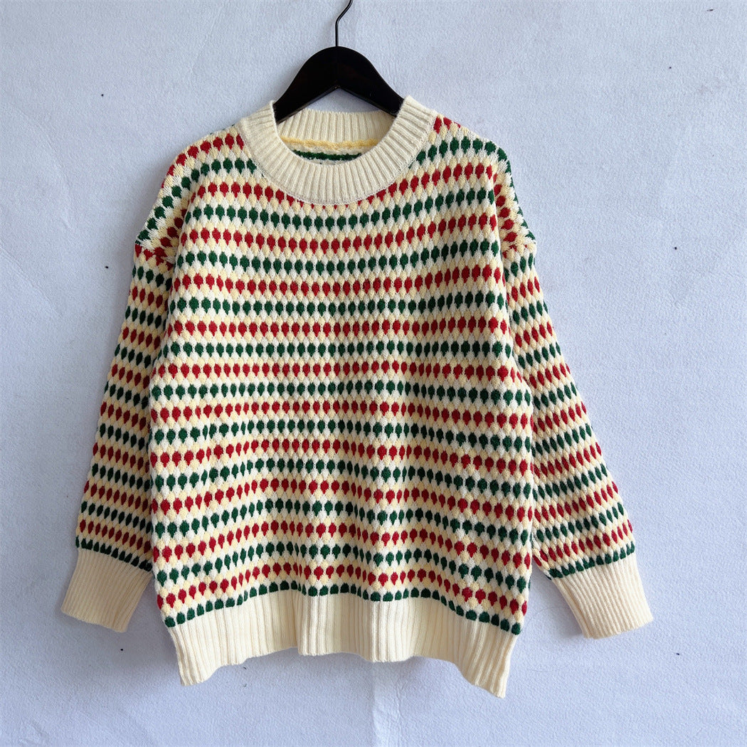 Damen lässiger Strickpullover mit buntem Rautenmuster und Rundhalsausschnitt EB