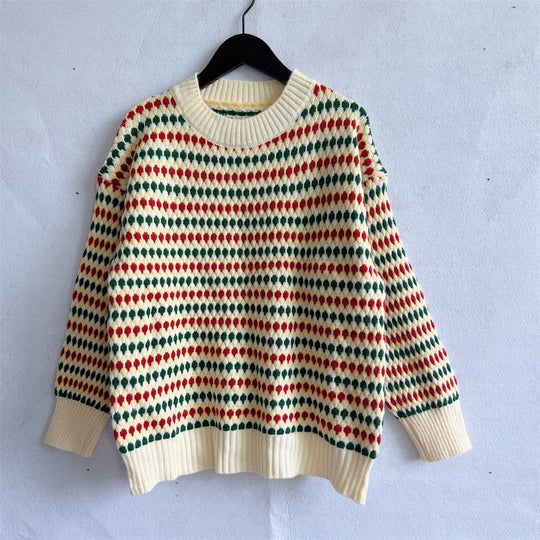Damen lässiger Strickpullover mit buntem Rautenmuster und Rundhalsausschnitt EB