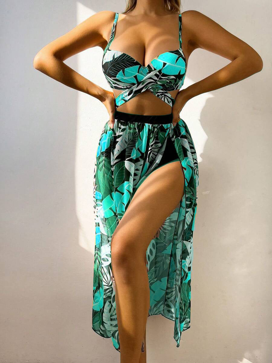 Damen Bikini-Set mit extravagantem Cut-Out und floralem Rock EB