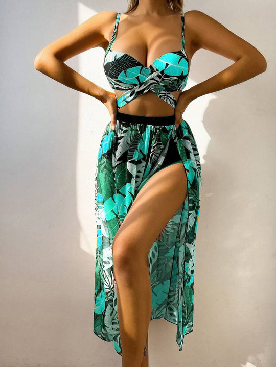 Damen Bikini-Set mit extravagantem Cut-Out und floralem Rock EB