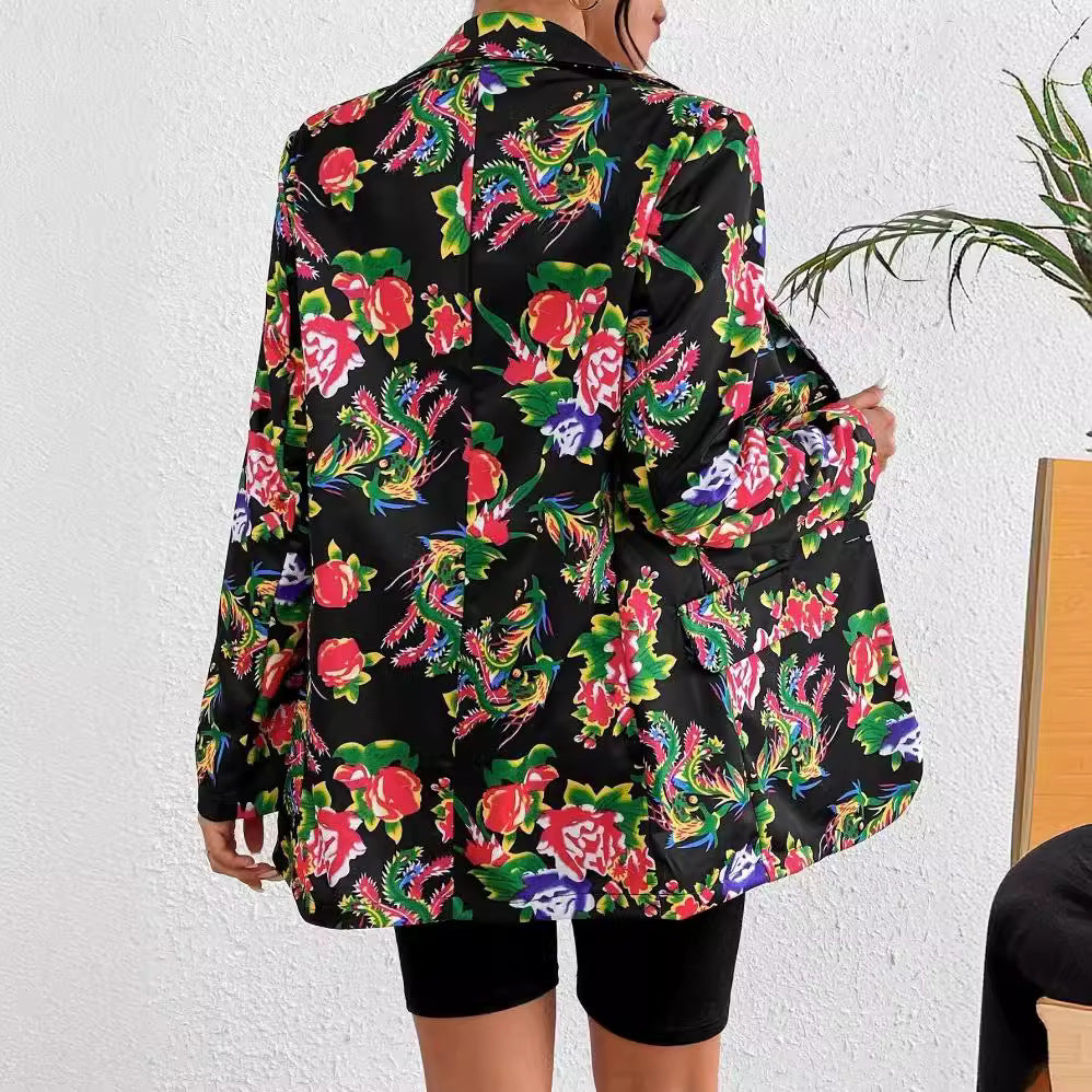 EB | Blazer Slim Passform Maßgeschneiderter Schnitt Blumenmuster Weicher Glänzender Stoff