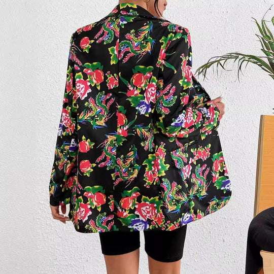 EB | Blazer Slim Passform Maßgeschneiderter Schnitt Blumenmuster Weicher Glänzender Stoff
