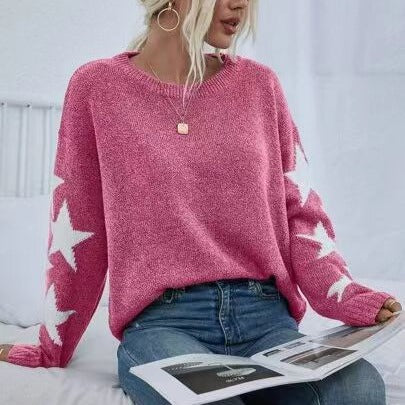 Damen Modischer Strickpullover mit Sternen-Muster EB