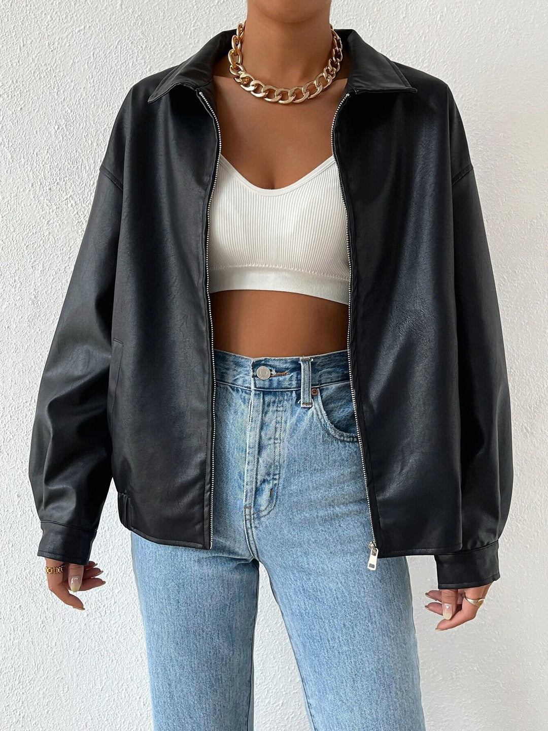 Damen trendige Kunstlederjacke im modernen Schnitt mit lässigem Reißverschluss EB