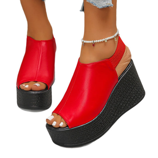 Damen Wedge-Pantoletten mit offenem Zehenbereich und elastischer Riemenstruktur EB