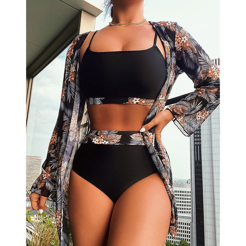 Damen Bikini-Set mit floralem Kimono und hochtailliertem Unterteil EB