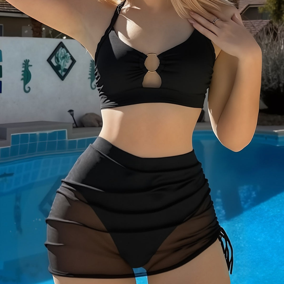 Damen Modischer Bikini mit transparentem Wickelrock EB