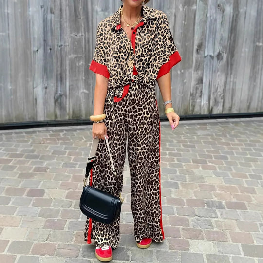 Damen Leinen-Jumpsuit mit Leopardenmuster und auffälligen Kontrasten EB
