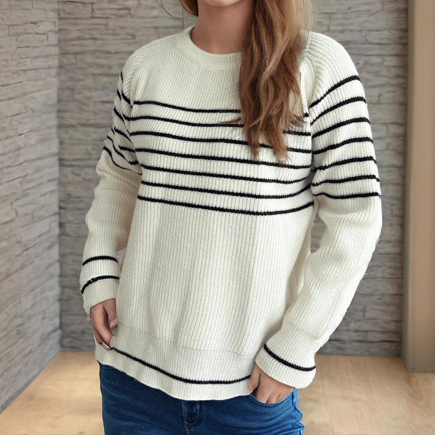 Damen lässiger Pullover mit modischem Streifenmuster und weitem Schnitt EB