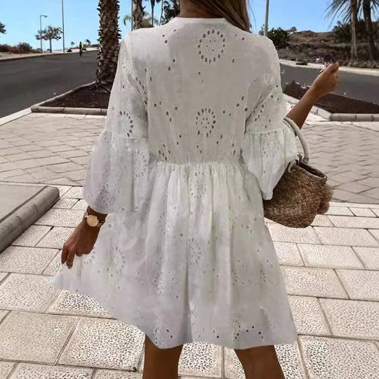 Damen Sommerkleid mit luftigen Trompetenärmel und elegantem Häkelgürtel EB