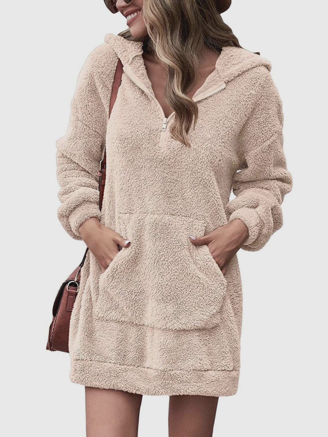 Damen Kuscheliger Hoodie-Kleid mit praktischen Taschen und halben Reißverschluss EB