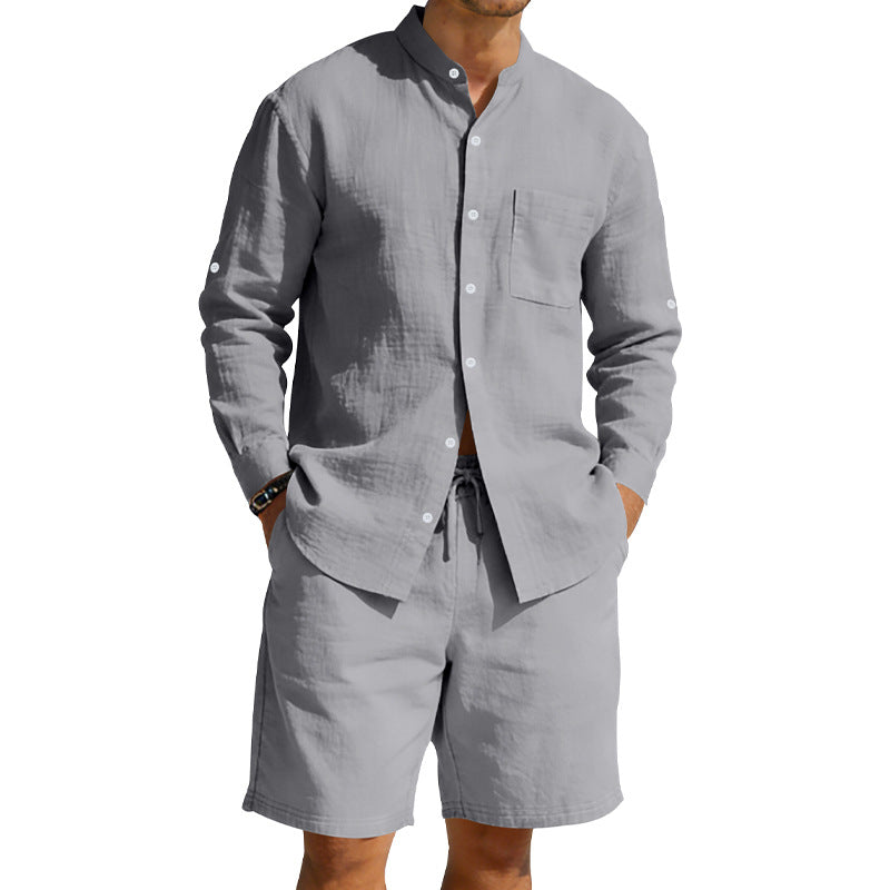 Herren nan sommerliches Leinen-Set mit Stehkragenhemd und Kordelzug-Kurzhose EB