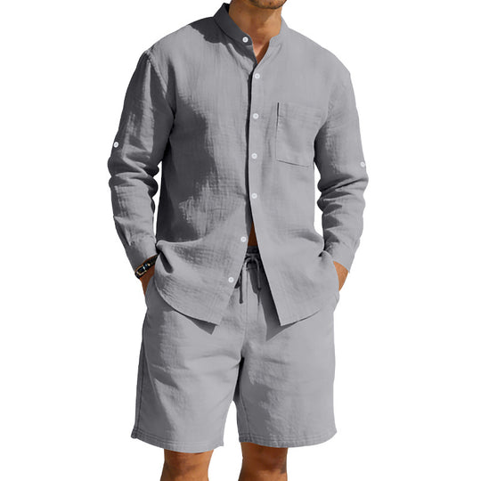 Herren nan sommerliches Leinen-Set mit Stehkragenhemd und Kordelzug-Kurzhose EB