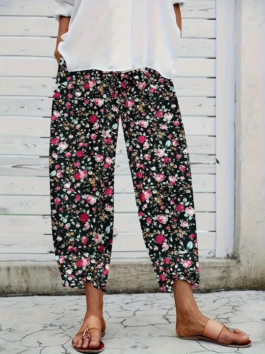 Damen lässige weite Stoffhose mit floralem Muster und elastischem Bund EB