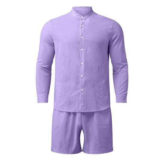 Herren modisches Freizeit-Set mit langarmigem Hemd und Shorts EB