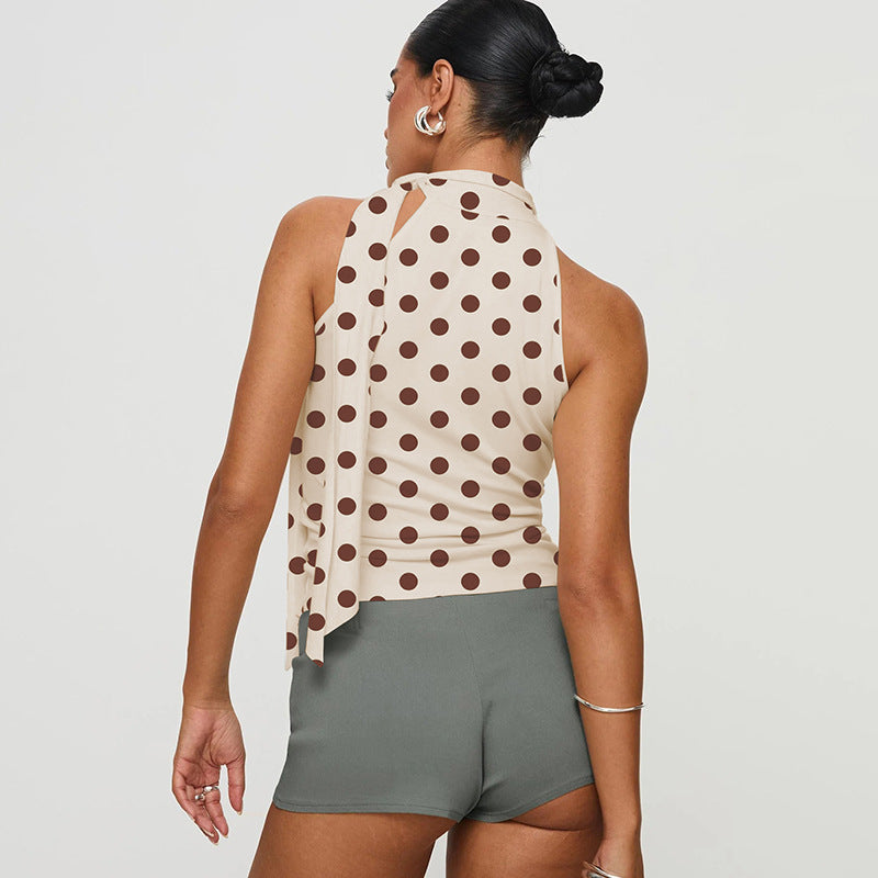 Damen asymmetrisches Polka-Dot-Top mit hohen Schnittlinien und elegantem Halterdesign EB