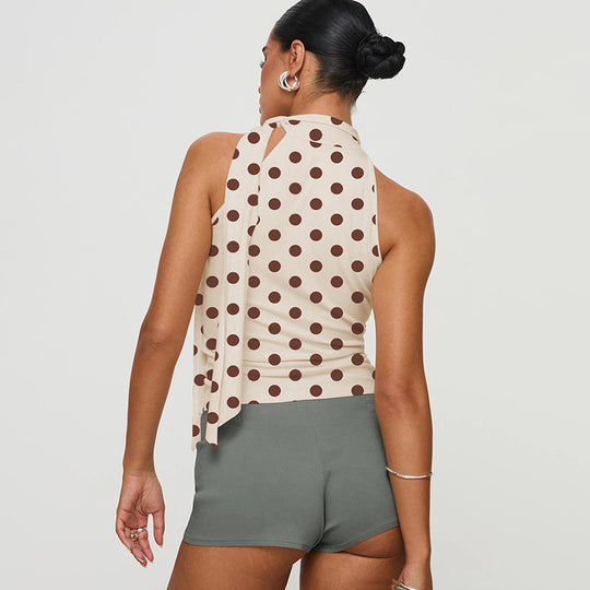 Damen asymmetrisches Polka-Dot-Top mit hohen Schnittlinien und elegantem Halterdesign EB