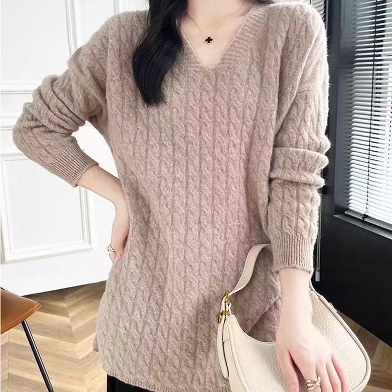 Damen Grobstrickpullover mit V-Ausschnitt und lässigem Schnitt EB