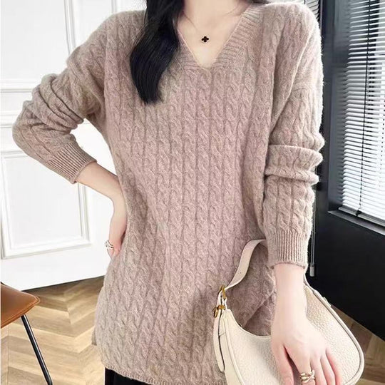 Damen Grobstrickpullover mit V-Ausschnitt und lässigem Schnitt EB