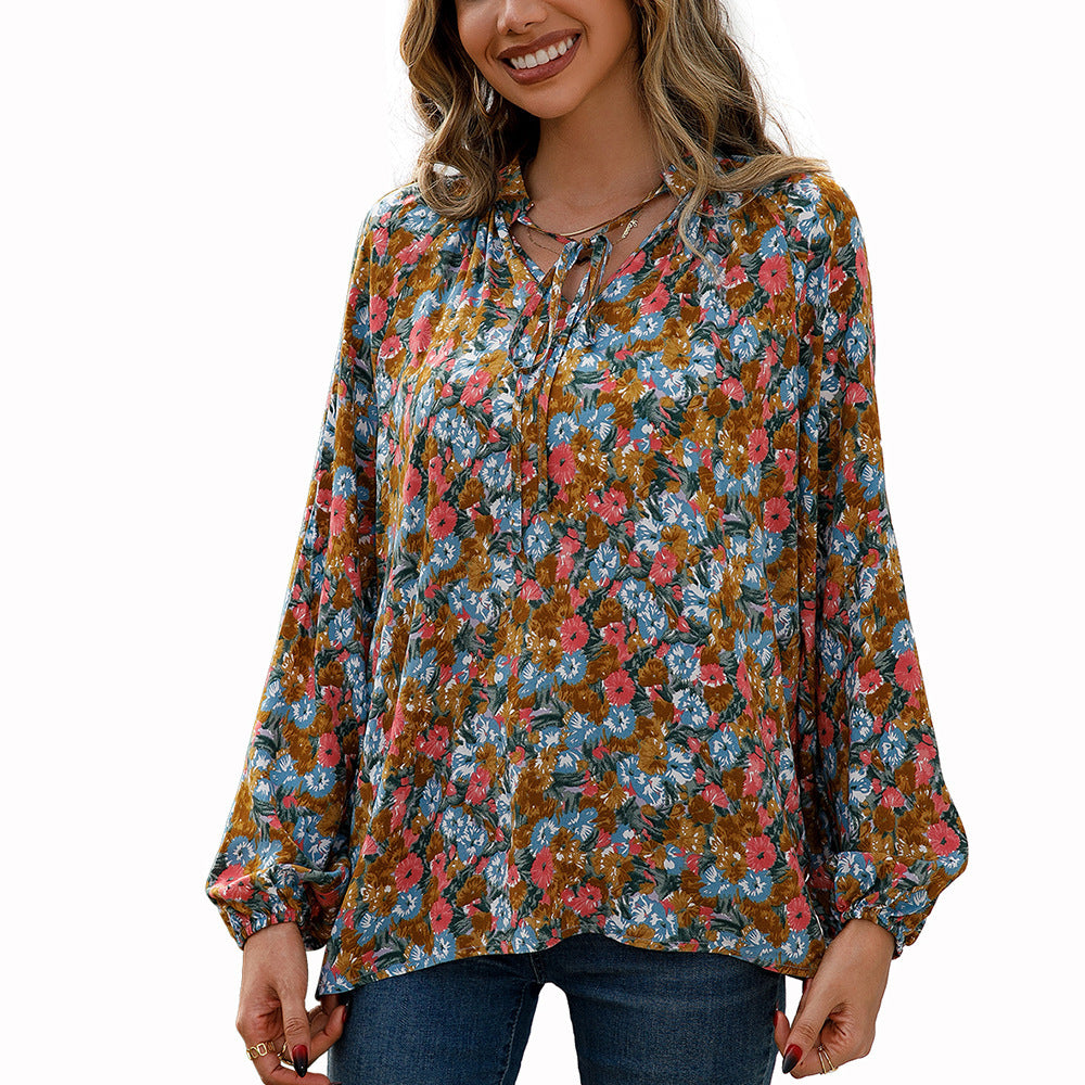Damen lässige Bluse mit floralen Mustern und eleganten Rüschendetails EB