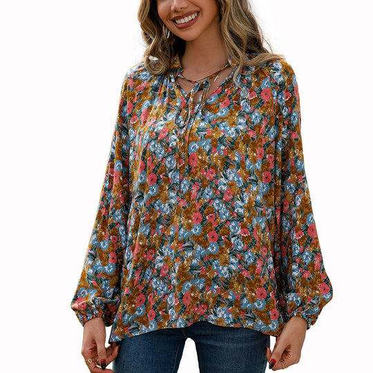 Damen lässige Bluse mit floralen Mustern und eleganten Rüschendetails EB
