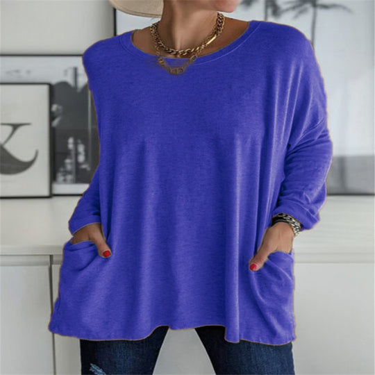 Damen nan oversized Longsleeve-Tunika mit Rundhalsausschnitt, überschnittener Schulter und aufgesetzten Taschen EB