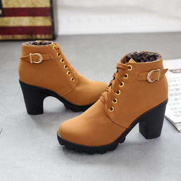 Damen Modische Stiefeletten mit trendigem Schnürung und stabilen Blockabsatz EB