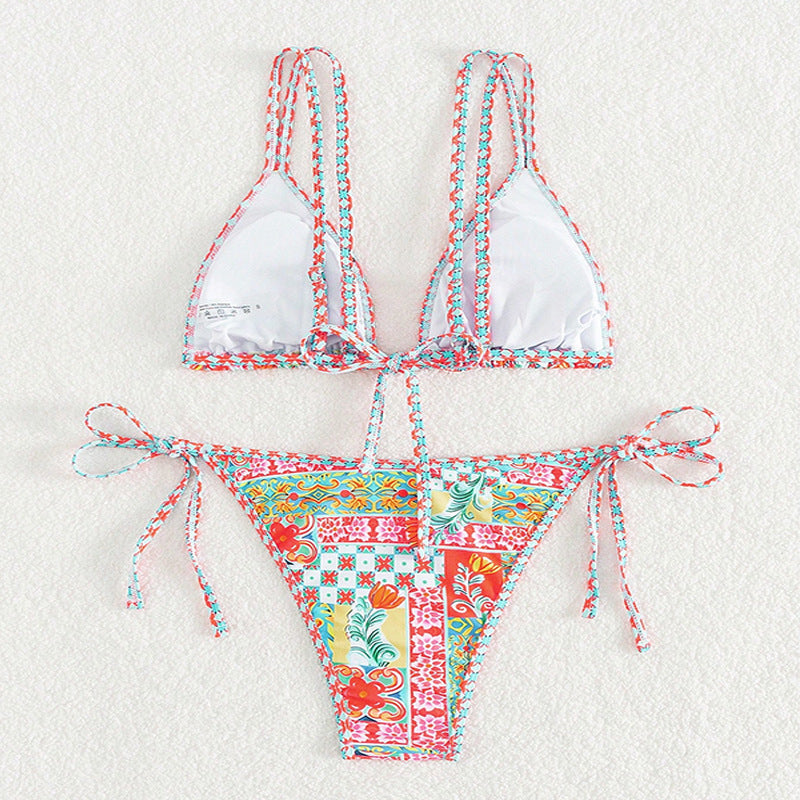 Damen Triangel-Bikini mit feinem Musterdesign und raffinierten Bindebändern EB