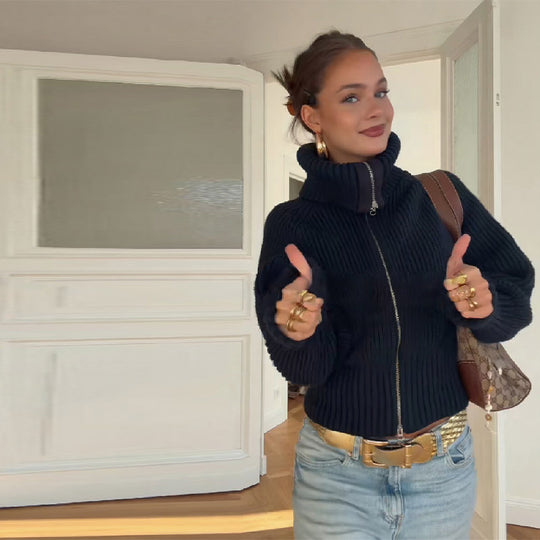 Damen Strickjacke mit hohem Kragen und modischem Reißverschluss EB