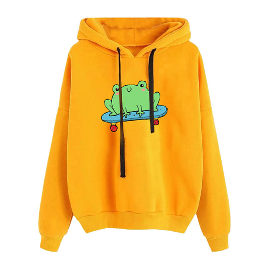 Damen nan kurz geschnittener Cropped-Kapuzenpullover mit niedlicher Frosch-Illustration und verstellbarer Kapuze EB
