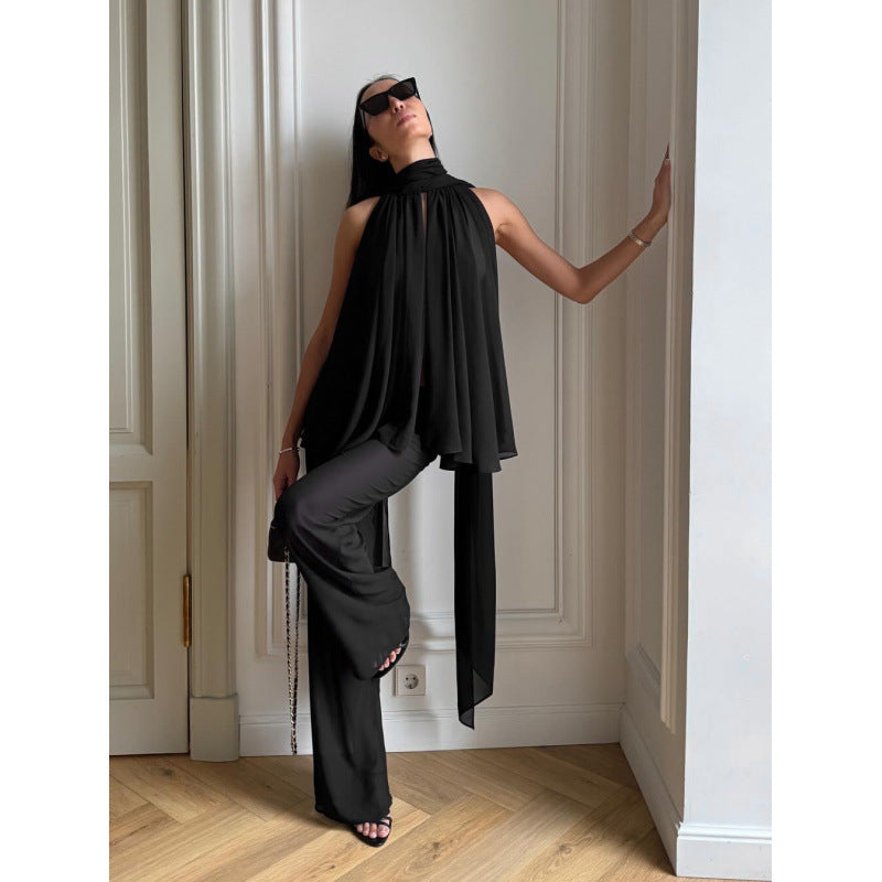 Damen Elegantes Top mit fließendem Schnitt und raffiniertem Halstuch EB
