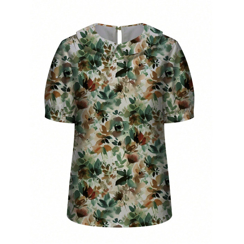 Damen Kurzarmbluse mit floralen Akzenten und klassischem Kragen EB