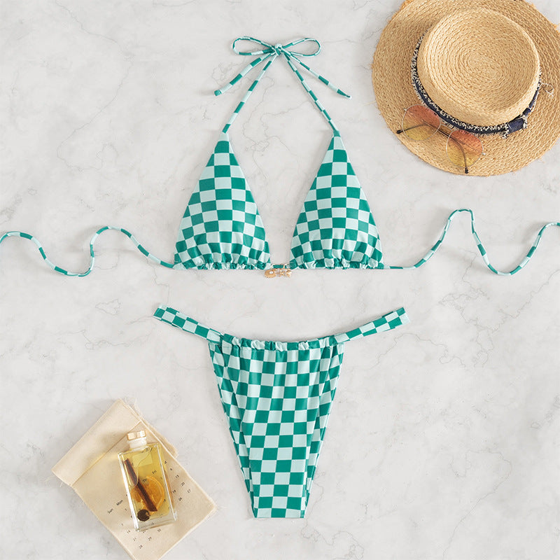 Damen Triangel-Bikini mit modernem Karodesign und verstellbaren Bändern EB
